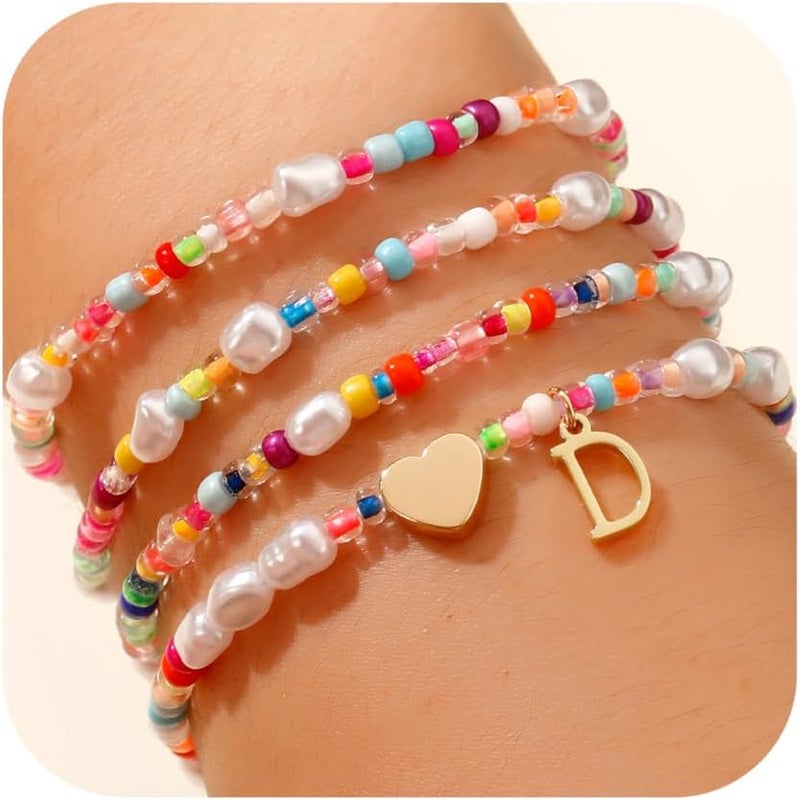 JIAOGE Valentines Day Gifts for Kids Her - 4PCS Gold Stretchable Boho Colorful Beaded Pearl Heart Initial Bracelets for Women Teen Girl Gifts Trendy Stuff Cute Stackable Kids Jewelry Birthday Gifts - Image 1